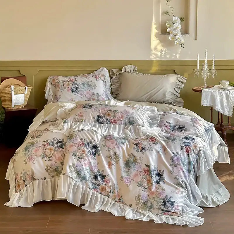 Floral-patterned satin bedding set with ruffled edges and soft pastel hues for decorbites french flowers lace decor