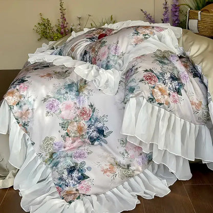 A luxurious satin bedding set with delicate pink purple green watercolor florals and flowing white ruffles decorbites french flowers lace