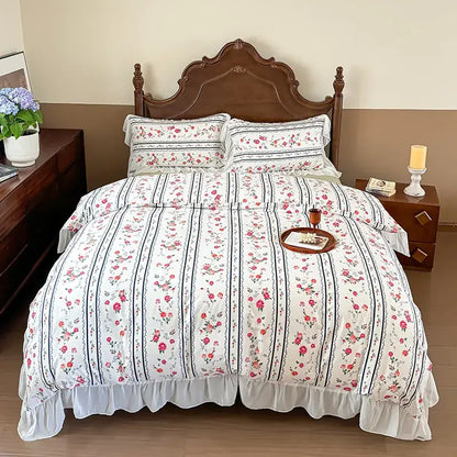 White bedroom bedding set with pink roses black stripes and ruffled hem featuring decorbites french flowers lace design