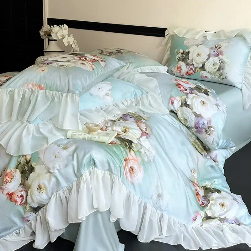 Pastel blue floral bedding set with layered white lace ruffles and soft satin finish for decorbites french flowers decor