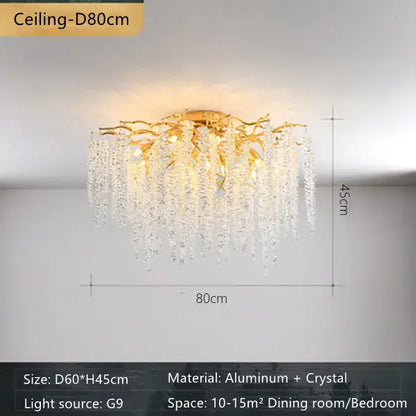 Gold-toned decorbites crystal branch chandelier with aluminum frame and cascading crystal droplets for living room decor
