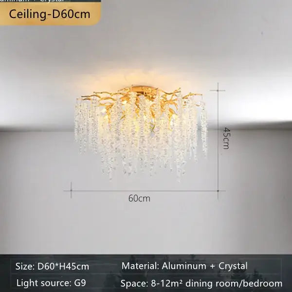 French golden decorbites crystal branch chandelier with gold-toned ceiling light, cascading crystal droplets, and aluminum frame