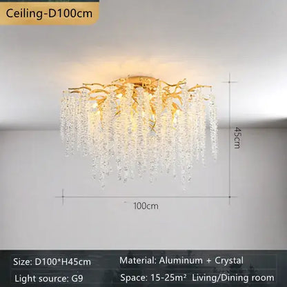 Gold-toned decorbites crystal branch chandelier with aluminum frame and cascading crystal droplets for living room decor