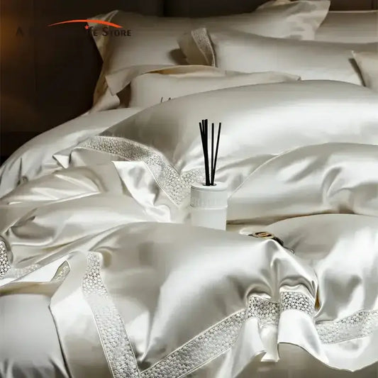 White satin bedding set with silver lace trim in decorbites french hollow luxury style for elegant bedroom decor