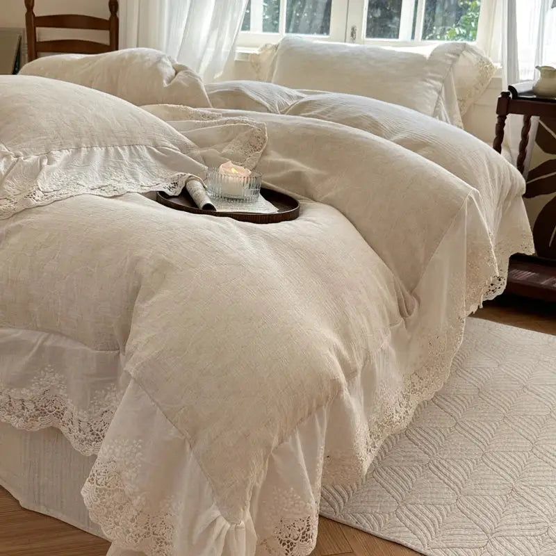 Cream-colored bedding set with delicate lace trim and ruffled edges made of decorbites jacquard linen cotton