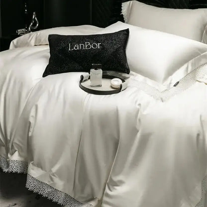 Black sequined pillow with lanbor embroidery styled with french lace edge white and silver bedding set decorbites french lace