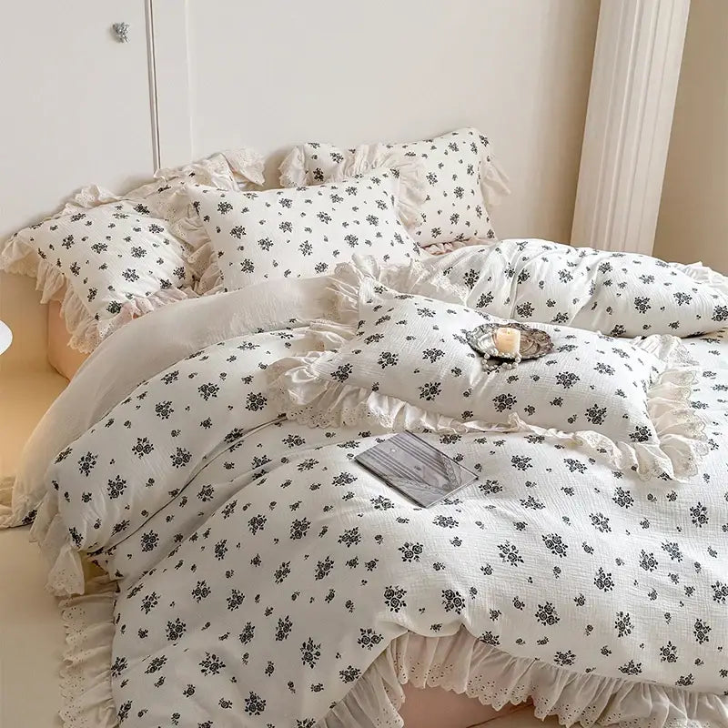White cotton bedding set with delicate french lace floral pattern ruffles and lace trim by decorbites french lace