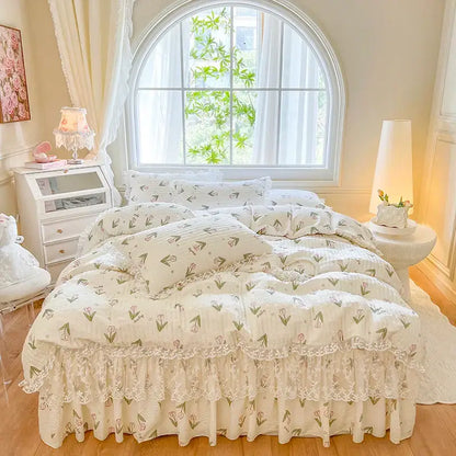 Cream-colored bedding set with tulip pattern and delicate lace trim french lace ruffles decorbites french lace