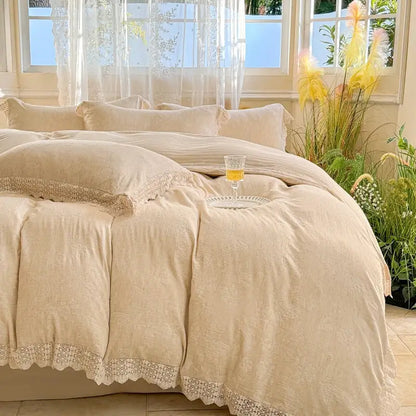 Beige linen bedding set with delicate french lace ruffles trim for elegant decorbites french lace bedroom decor