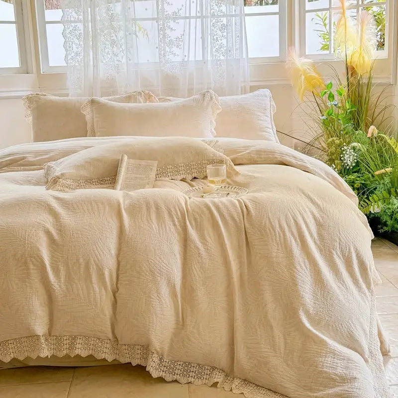 Cream-colored linen bedding set with delicate french lace ruffles trim for elegant decorbites french lace bedroom decor