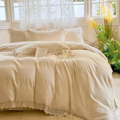 Cream-colored linen bedding set with delicate french lace ruffles trim for elegant decorbites french lace bedroom decor