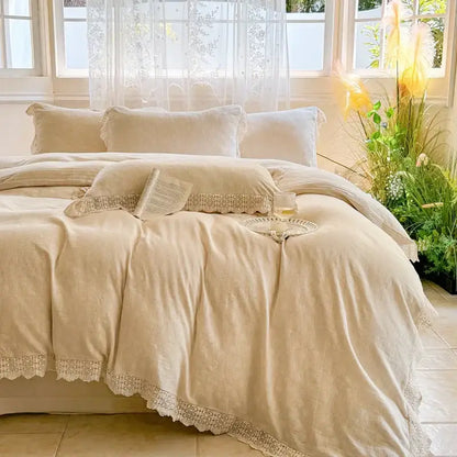 Cream-colored linen bedding set with french lace ruffles and delicate lace trim for decorbites french lace decor