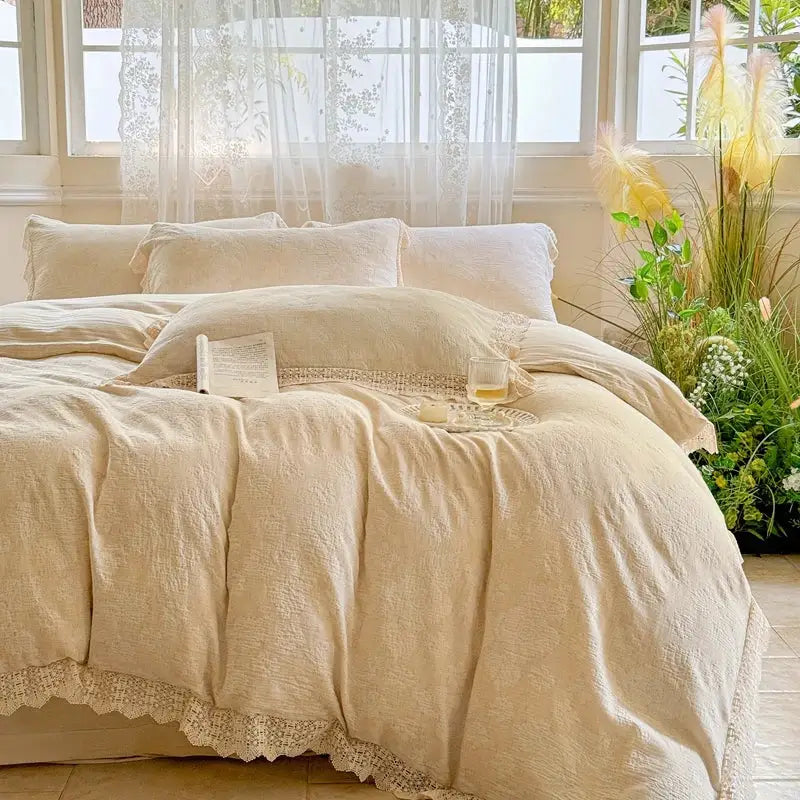 Cream-colored linen bedding set with delicate french lace ruffles trim for elegant decorbites french lace bedroom decor