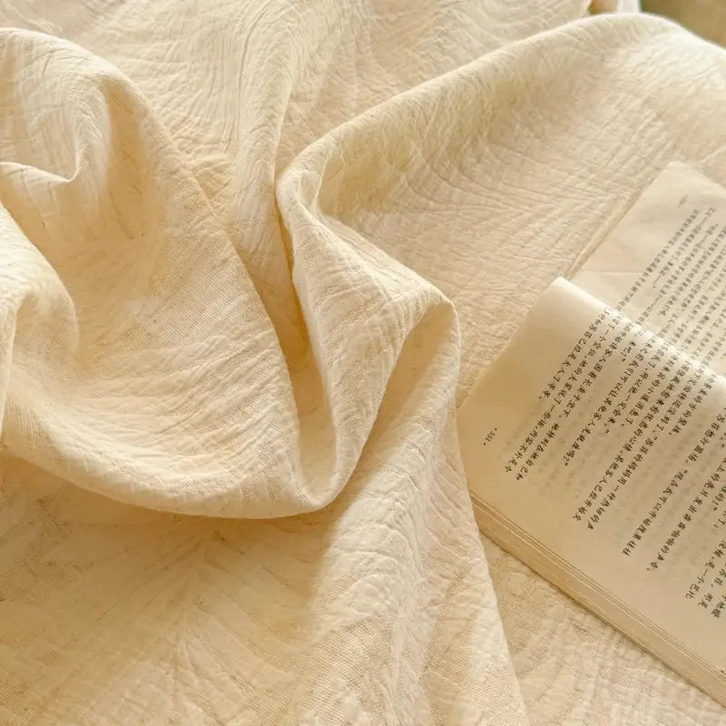 Soft off-white textured cotton fabric with subtle crinkled pattern in french lace ruffles cream linen bedding set decorbites french lace