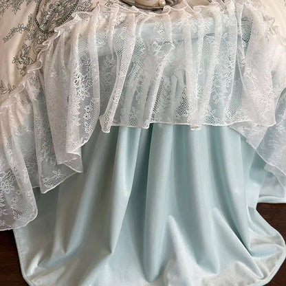 A french lace ruffles bedding set featuring delicate white lace over light blue satin for elegant decorbites french lace decor