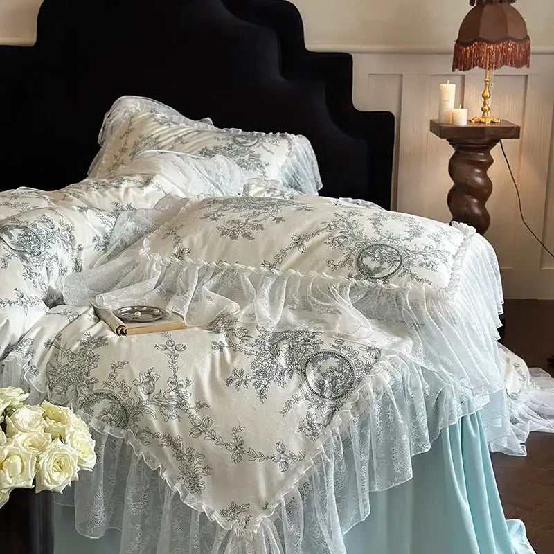 White and gray floral-patterned lace bedding set with french lace ruffles and ruffled edges from decorbites french lace collection
