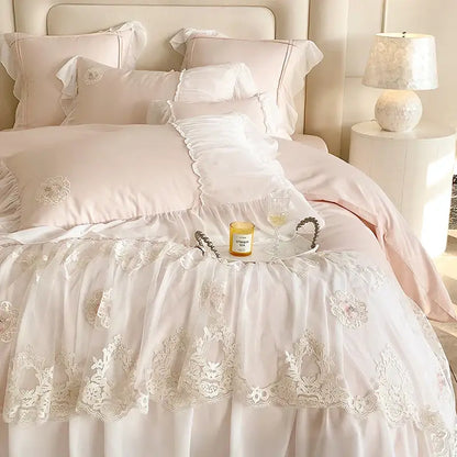 Ivory satin bedding set with delicate french lace ruffles floral embroidery and cotton decorbites french lace detail