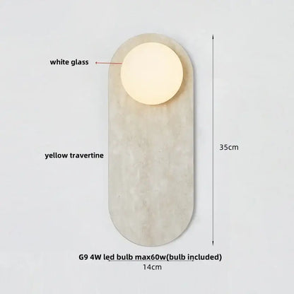 Modern wall light with white glass circular led light set in smooth yellow travertine stone base by decorbites led wall