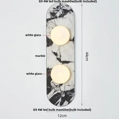 A sleek 44cm black and white marble led wall light with two circular white glass shades for bedroom decorbites led wall