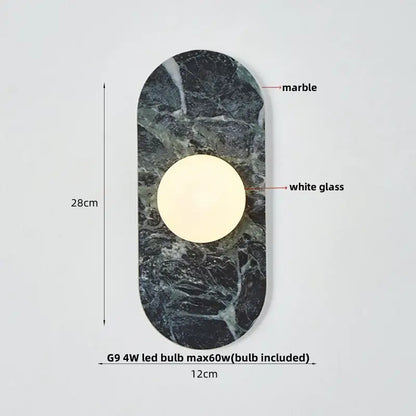 Modern oval wall light with dark green marble backplate and white glass diffuser by decorbites led wall light