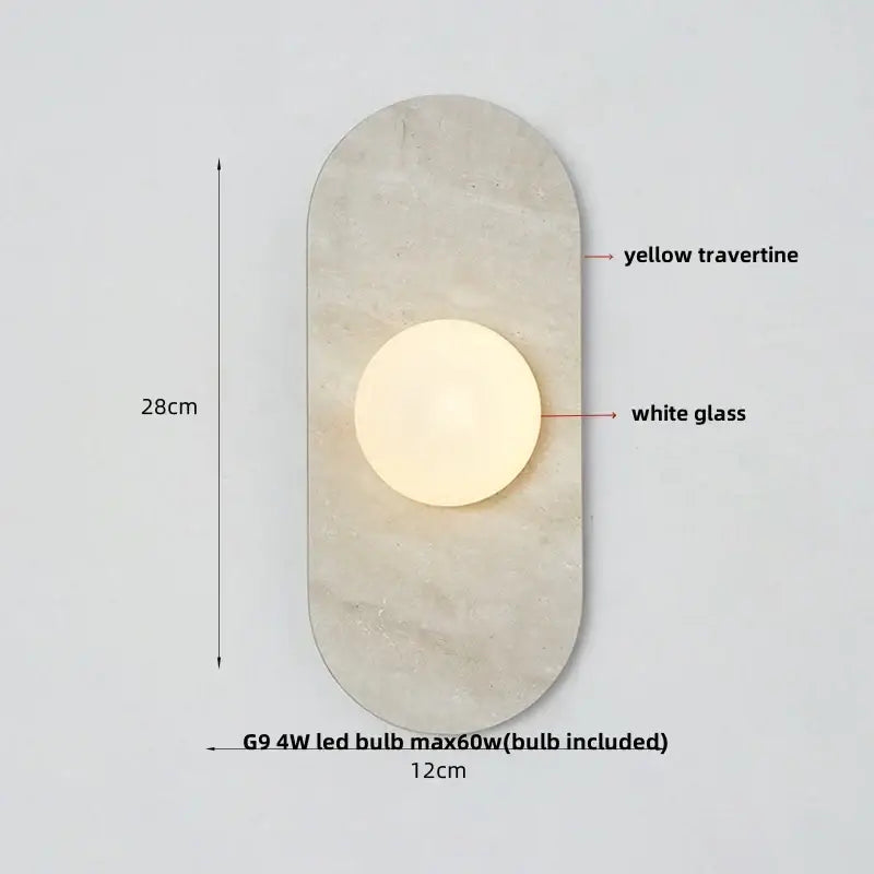 A modern decorbites led wall light with yellow travertine backplate and white glass circular light fixture for bedroom decor
