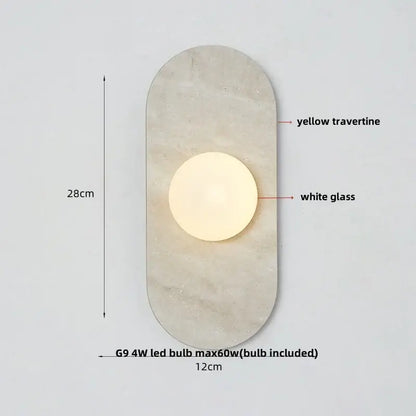 A modern decorbites led wall light with yellow travertine backplate and white glass circular light fixture for bedroom decor