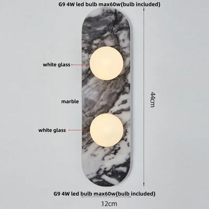 French luxury black and white marble led wall light with sleek body and two circular white glass shades for bedroom decorbites led wall