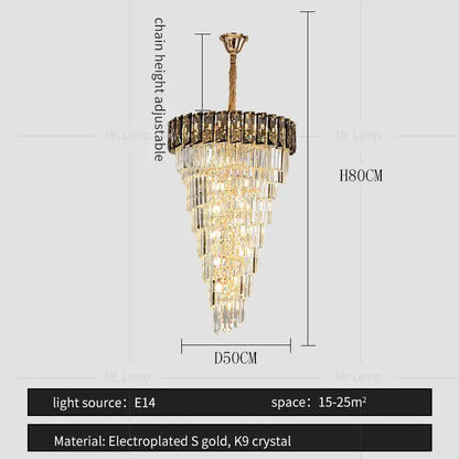 A tiered amber crystal chandelier with cascading k9 crystal prisms and an electroplated s gold frame for living room