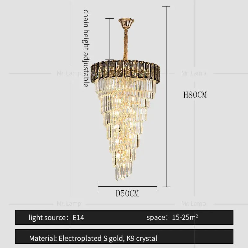 A tiered amber crystal chandelier with cascading k9 crystal prisms and an electroplated s gold frame for living room