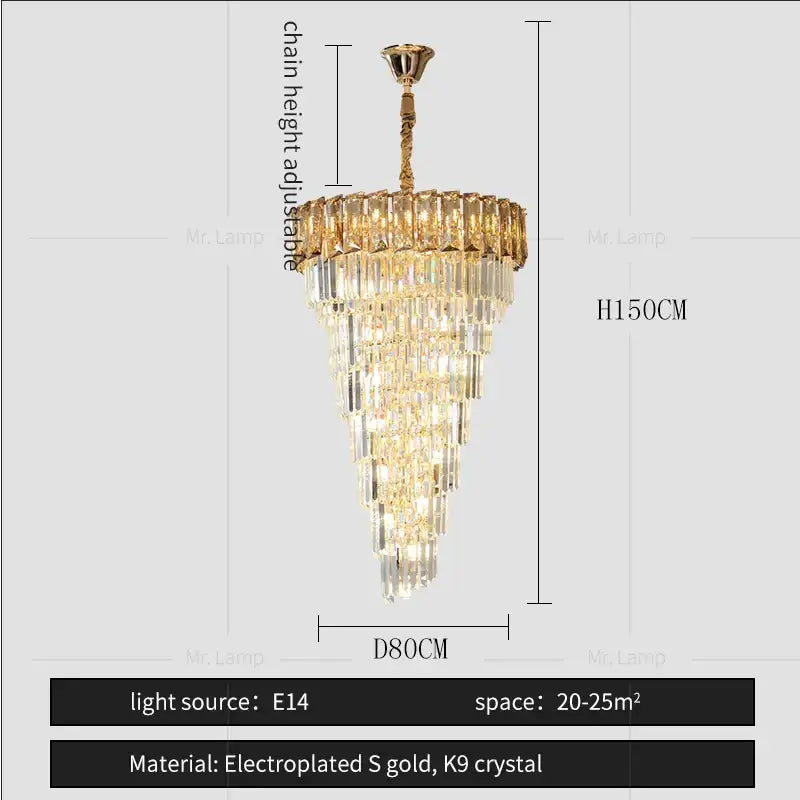A tiered amber crystal chandelier with cascading k9 prisms and electroplated gold finish for living room use