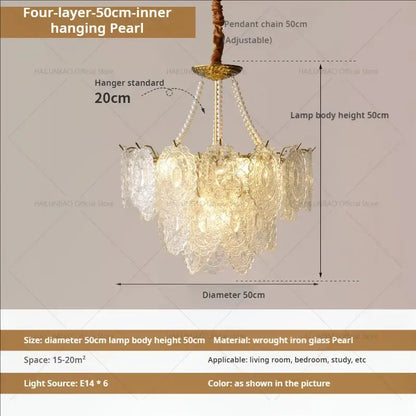 Elegant four-layer decorbites cream crystal chandelier with glass pearlescent tiers and wrought iron frame for living room lighting