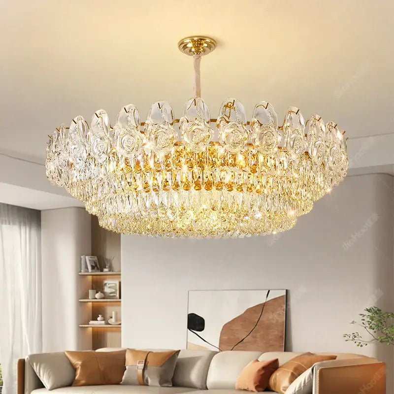 A luxurious gold crystal rose chandelier with clear faceted droplets for elegant dining room decorbites crystal rose