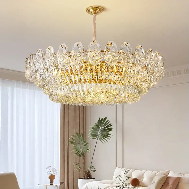 Luxurious gold crystal rose chandelier with clear faceted droplets by decorbites for elegant dining room decor