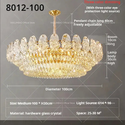 French luxury gold crystal rose chandelier with clear crystal droplets and three-color dimming light by decorbites crystal rose