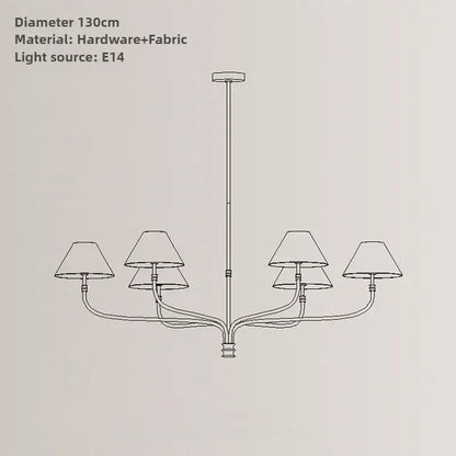 130cm diameter pendant light with sleek black and brass metallic frame and fabric shades for dining room