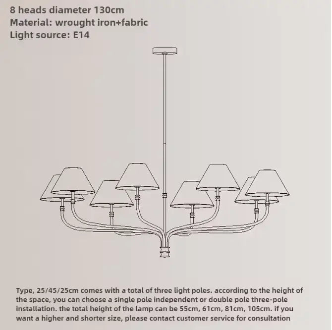 Eight-head black and brass wrought iron pendant light with fabric shades for elegant dining room lighting