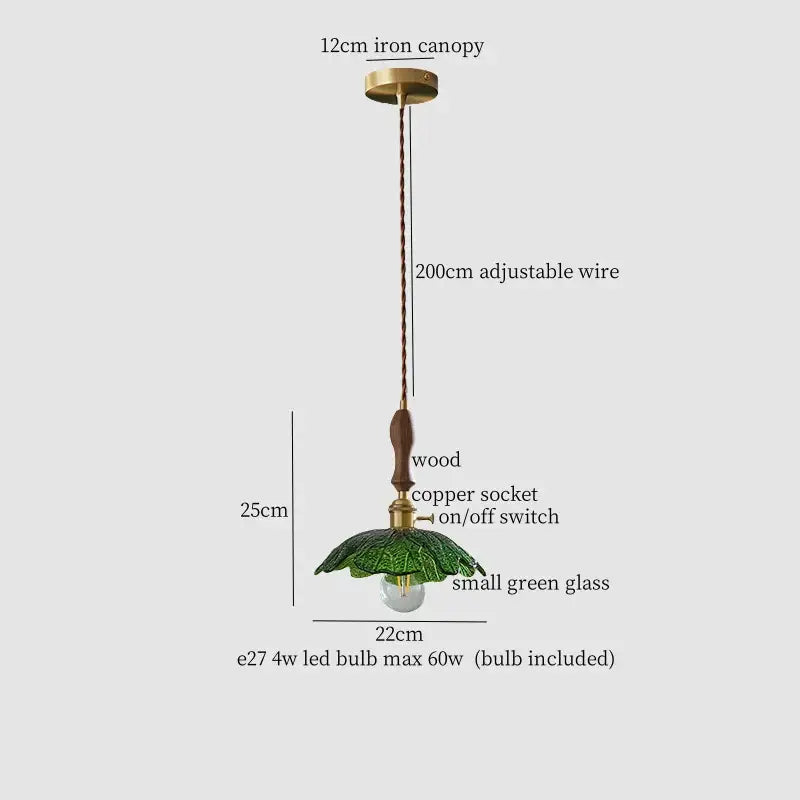 Delicate green glass pendant lamp with copper wood and iron canopy ideal for dining room decorbites copper wood glass