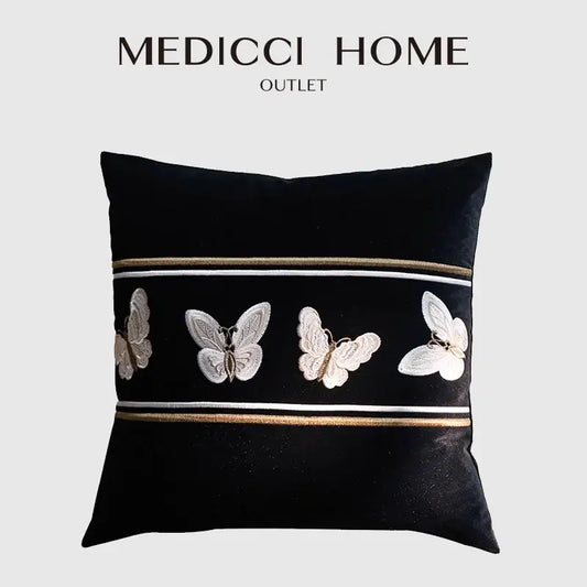 Black velvet french night velvet throw pillow with embroidered white silver butterflies and gold white stripes decorbites french night
