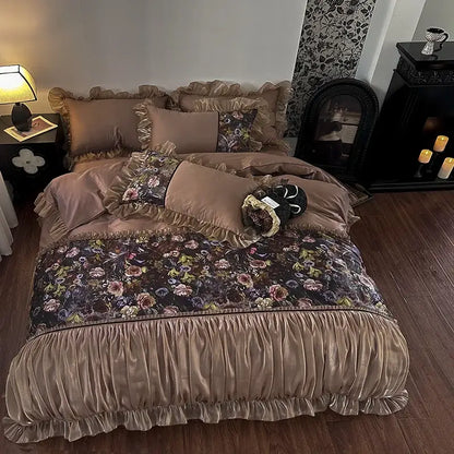Brown velvet ruffled bedding set with floral accents in decorbites french organza lace taupe egyptian cotton material
