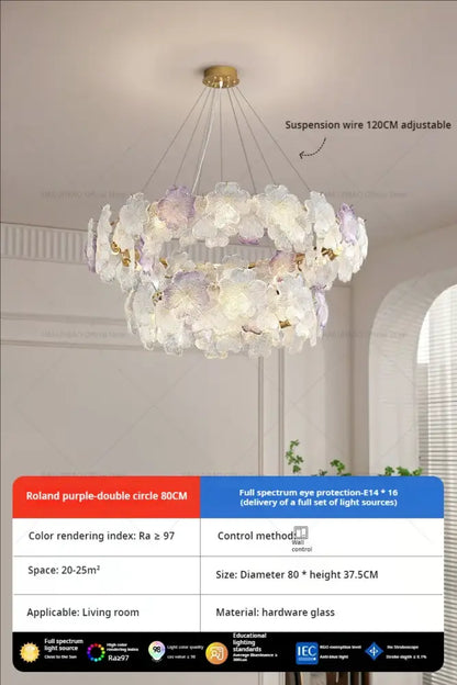 Elegant purple and white glass petals crystal chandelier with gold-toned ceiling mount for dining room decorbites petals crystal