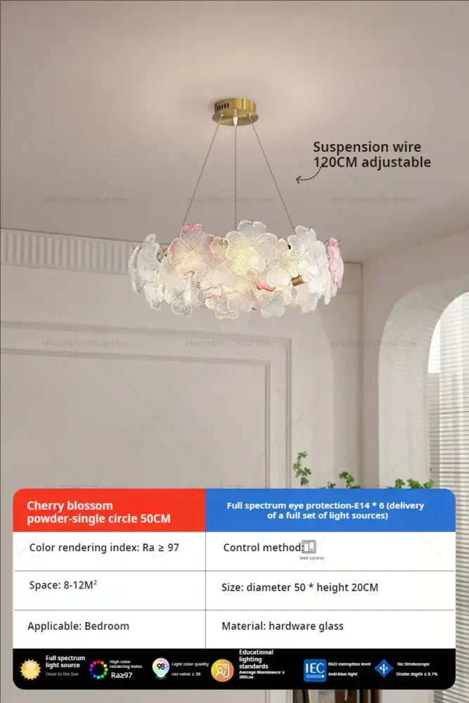 Delicate circular petals crystal chandelier light with translucent white and pink cherry blossom glass for dining room decorbites