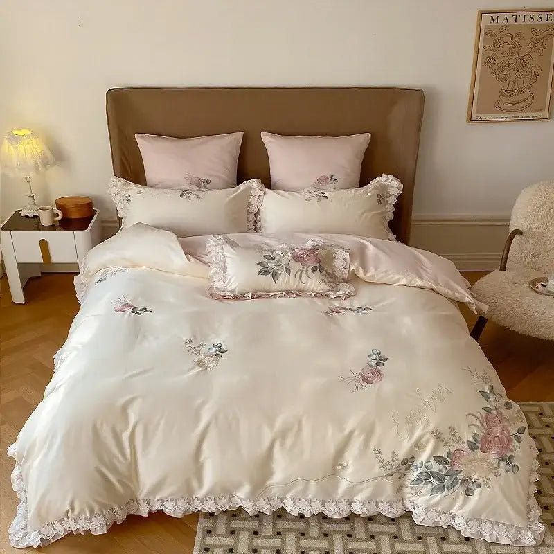 Cream-colored satin bedding set with delicate floral embroidery and lace trim for decorbites french princess 1000tc