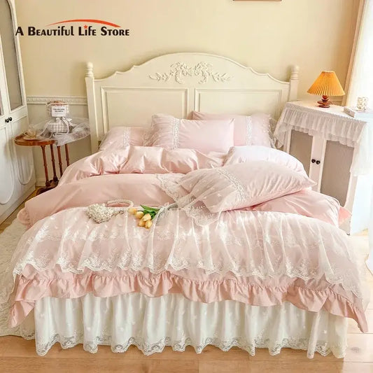 Pink ruffled lace bedding set with delicate white embroidery and layered cotton fabric from decorbites french princess collection