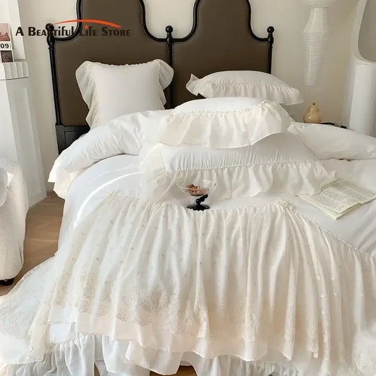 White ruffled bedding set with delicate lace trim and layered fabric from decorbites french princess wedding collection