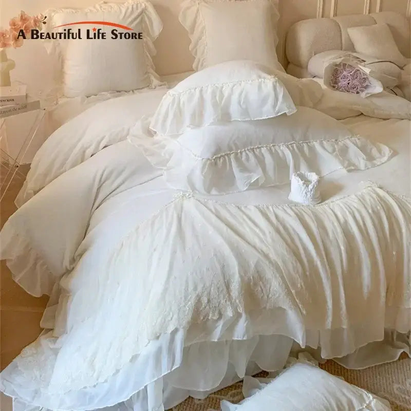 White velvet ruffled bedding set with layered fabric and lace trim for decorbites french princess bedroom decor