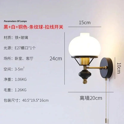 Black and brass french retro wall lamp with frosted glass globe for living room vintage style sconce