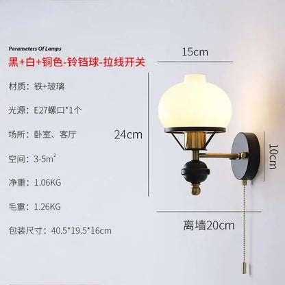 Black and brass french retro wall lamp with frosted glass globe shade for living room sconce lighting