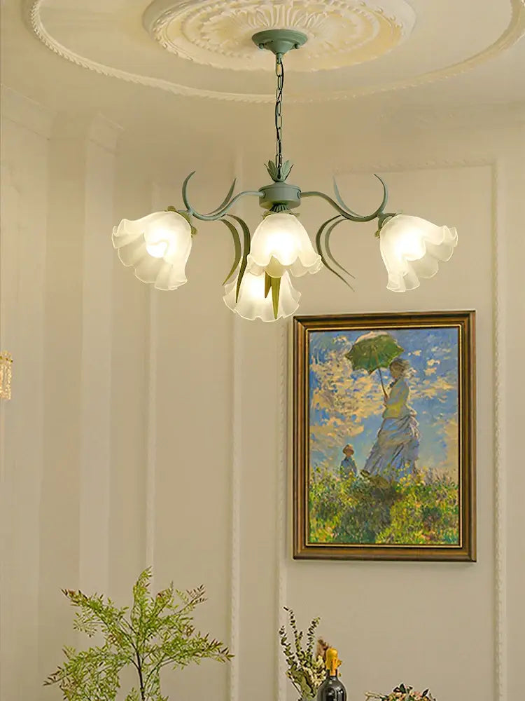 A delicate green metal french retro led flower chandelier with five frosted glass shades for bedroom decorbites retro led flower