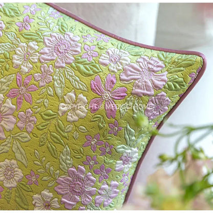 French retro lime green contessa camellia throw pillow with embroidered pink and white flowers for living room decor