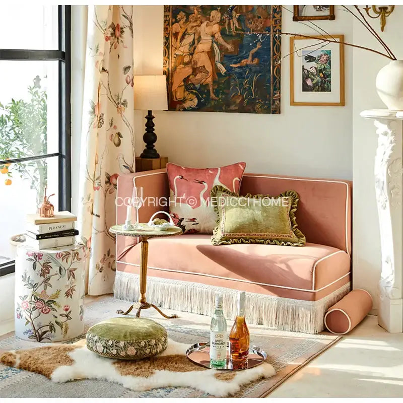 Pink velvet sofa with white fringe trim featuring a french retro pink velvet crane decorative cushion cover living room